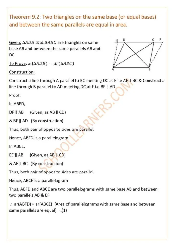 Class 9 Chapter 9 Theorem 9.2 : Two triangles on the same base (or equal bases) and between the same parallels are equal in area.