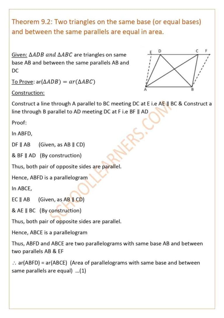 Class 9 Chapter 9 Theorem 9.2 : Two triangles on the same base (or ...