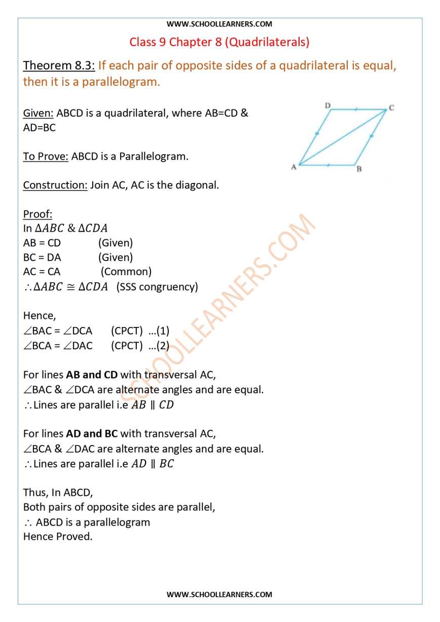 Class 9 Chapter 8 Theorem 8.3 If Each Pair Of Opposite Sides Of A ...