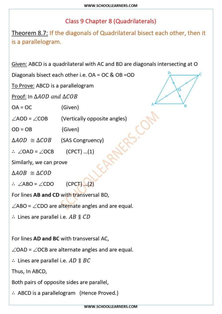 Class 9 Chapter 8 Theorem 8.7 If The Diagonals Of A Quadrilateral ...