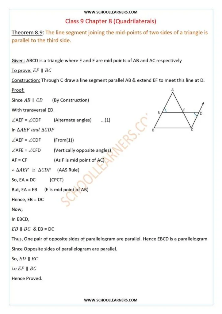 Class 9 Chapter 8 Theorem 8.9 The line segment joining the mid-points of two sides of a triangle is parallel to the third side.