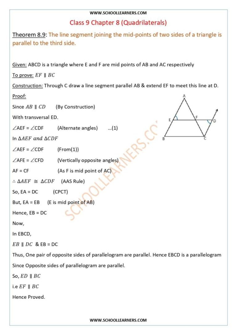 Class 9 Chapter 8 Theorem 89 The Line Segment Joining The Mid Points Of Two Sides Of A Triangle 0845