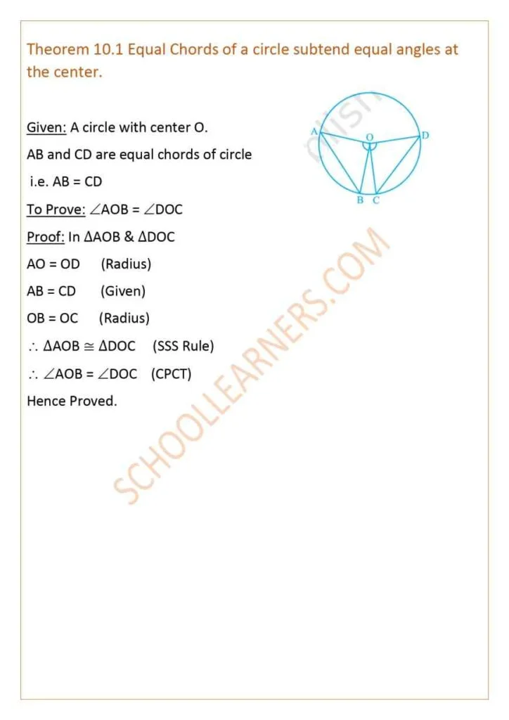 Class 9 Chapter 10 Theorem 10.1 : Equal chords of a circle subtend equal angles at the centre